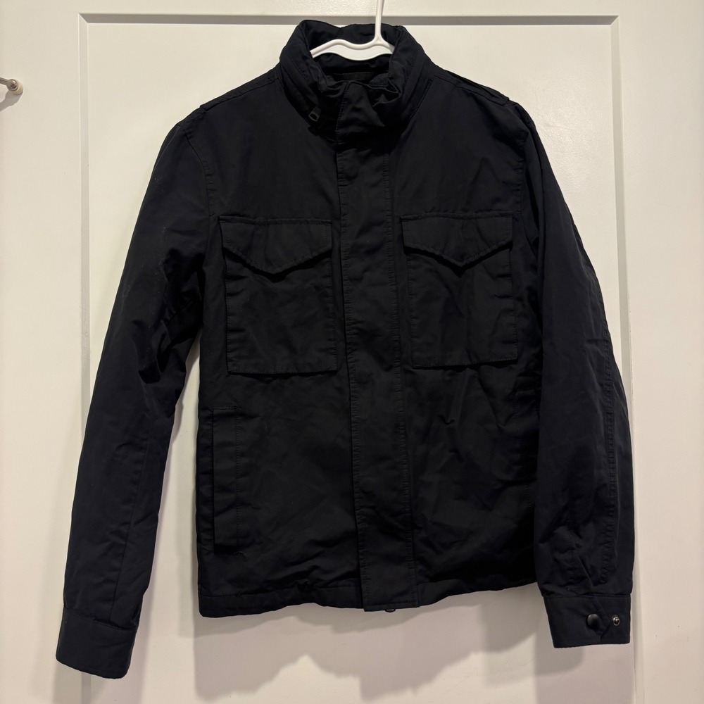 Banana Republic Mens Black Field Jacket Stand Collar Stowaway Hood Small